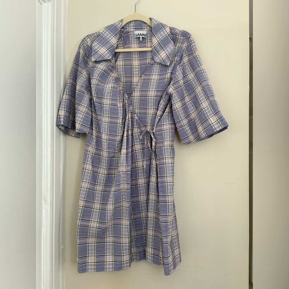 Ganni Lavender Plaid Midi Dress